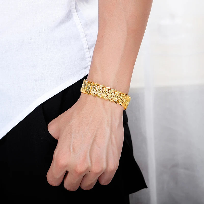 Luxury Dubai Gold Plated Bracelet For Men Flower Pattern Chunky Cuban Link Chain Bracelets Gifts For Father