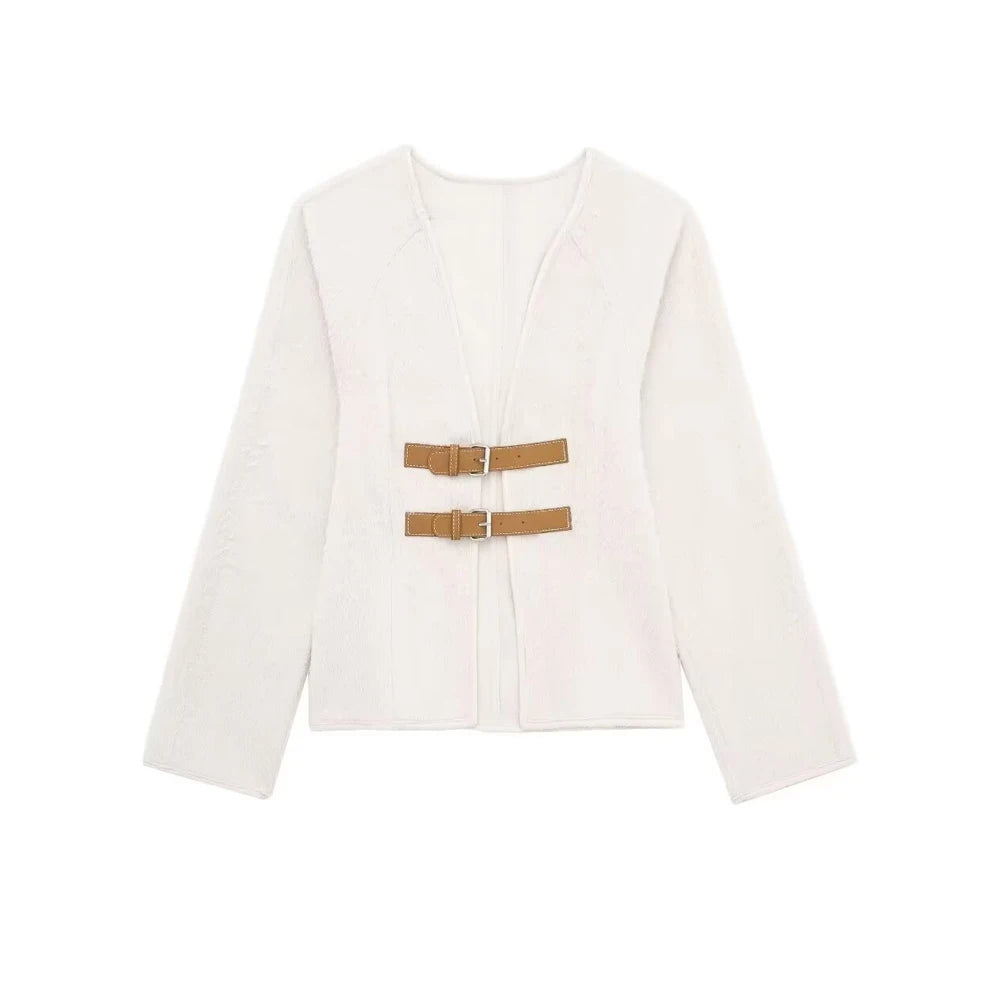 Women Fashion With Belt Woolen Jacket Coat V Neck Long Sleeve Female Outerwear Chic Tops