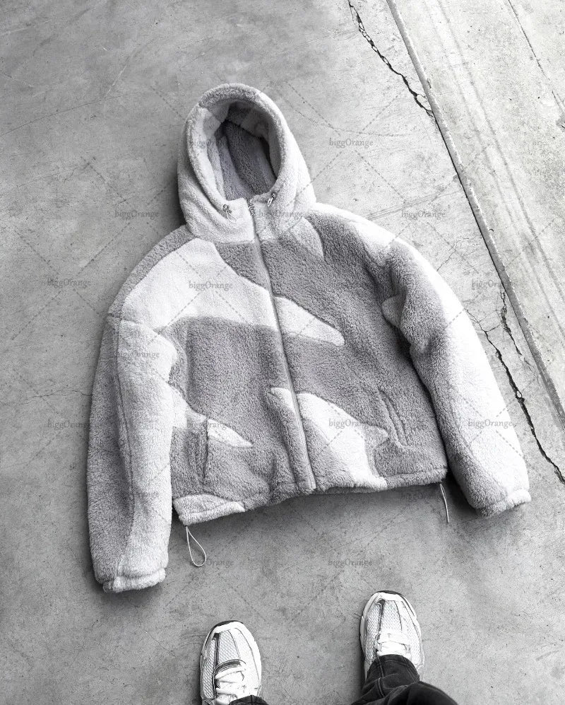 Street Wear Men's and Women's Zipper Hooded Men's Wool Jacket Autumn Winter American Retro Lamb Wool Splicing Windproof Jacket