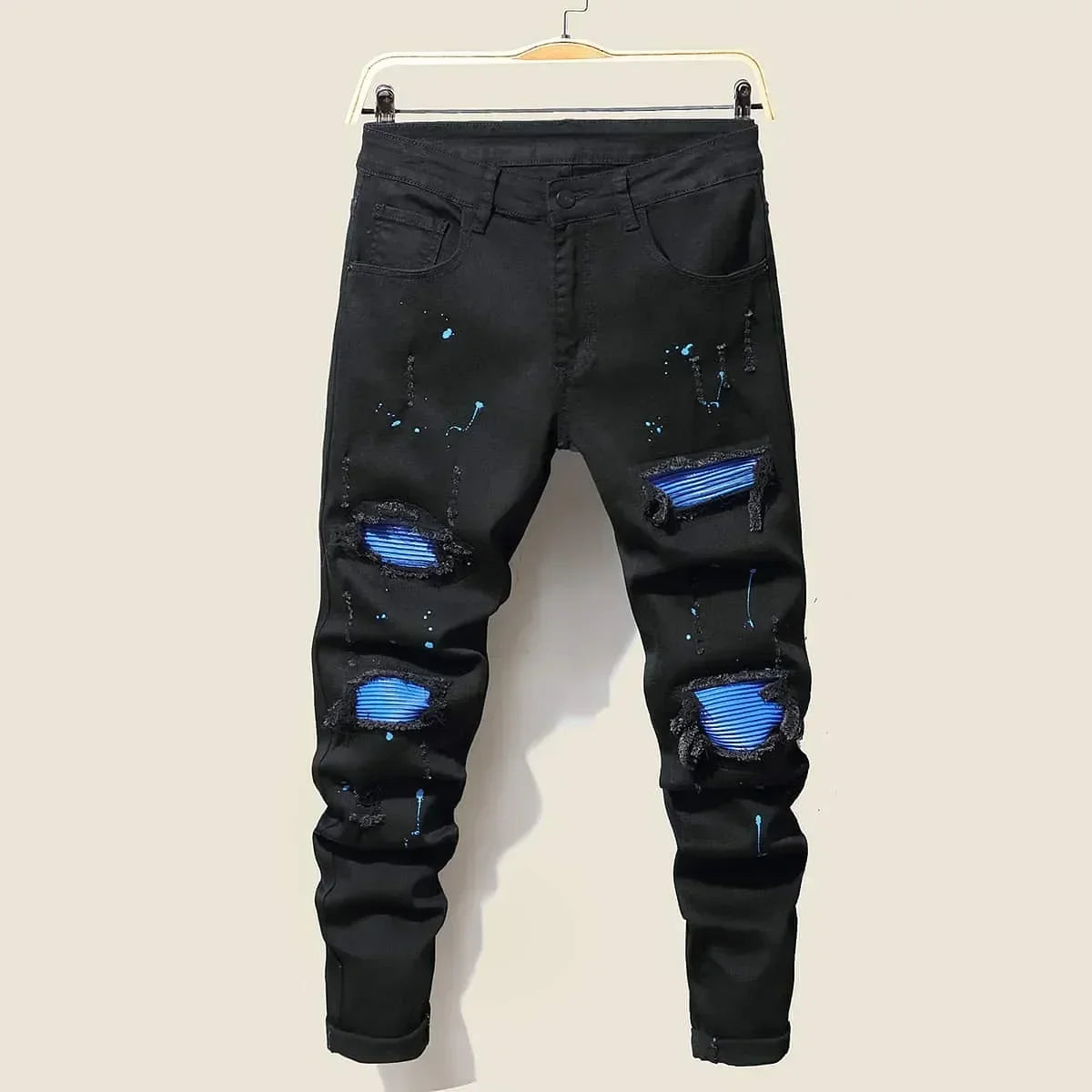 High Stretch Men's Ripped Jeans for Men Cool Skinny Slim Denim Pants Patchwork Hip Hop Black Blue Casual Jogging Trousers