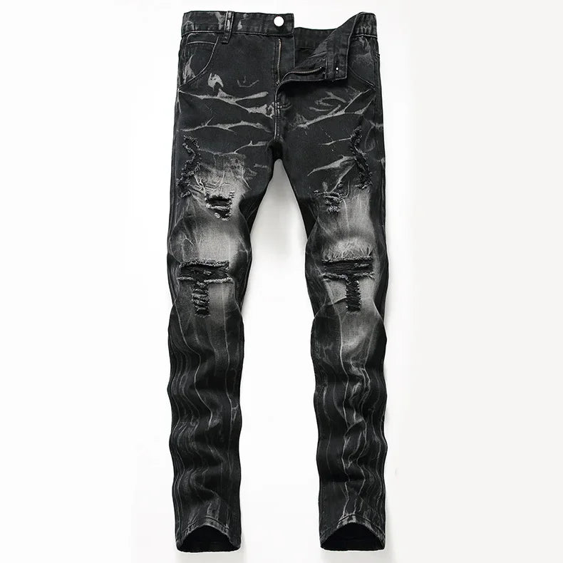 High Quality Men Casual Black Jeans Paint Slim Straight Hole Biker Jeans Autumn Jean Homme Male Denim Pants Plus Size