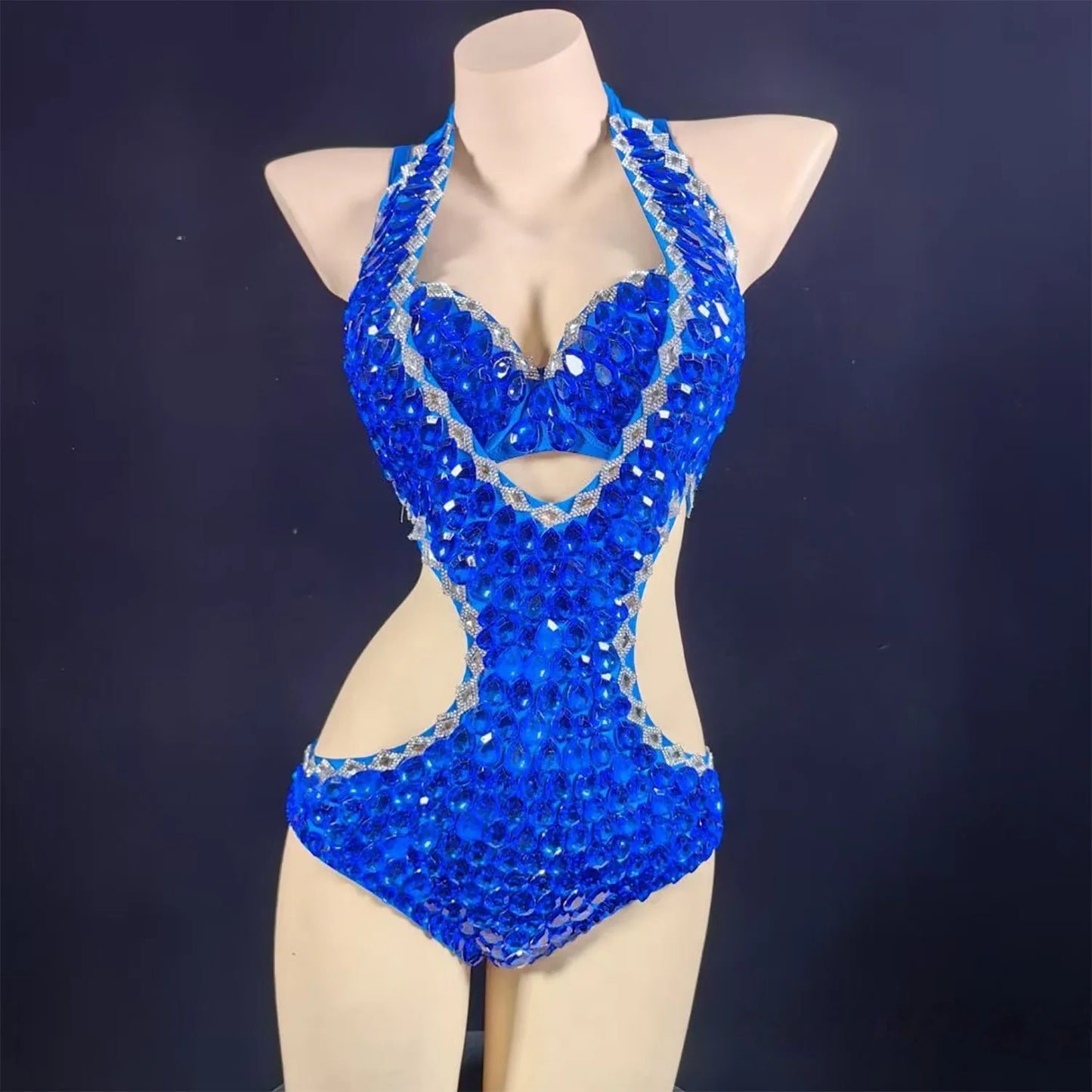 Women Luxury Rhinestones Beading Bodysuits Stage Costumes Sexy Sparkly Halter Bra Bikini Showgirls Dress Special Occassion