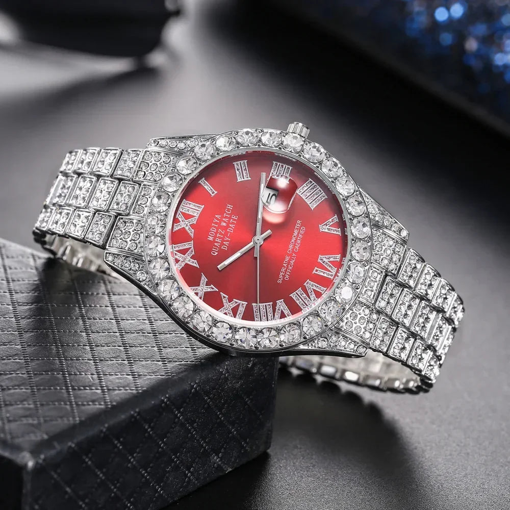 Diamond Bling Watch Men Gold Color Luxury Gift Quartz Watches Male Clock Dropshipping Rhinestone Calendar Wristwatch