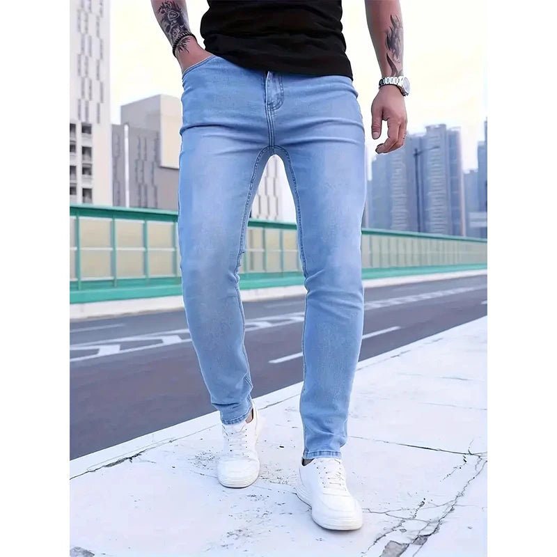 Mens Jeans Slim Fit Quality Gray Casual Male Jeans Pants Skinny Fit Men Pants Hip Hop Streetwear 98% Cotton Denim Trousers