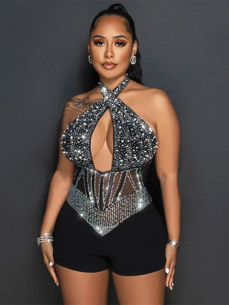 Weird Puss Sequins Halter Women Bodysuit Sparkle Hollow Backless Sleeveless Patchwork Sexy Stage Performance Party Playsuits