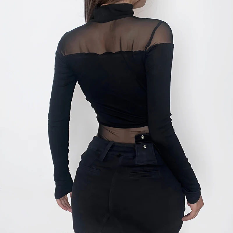 CIBBAR Black Hollow Out Bodysuit Mesh Patchwork Solid Full Sleeve See Through Bodycon Jumpsuit for Women Club Party Outfits Lady