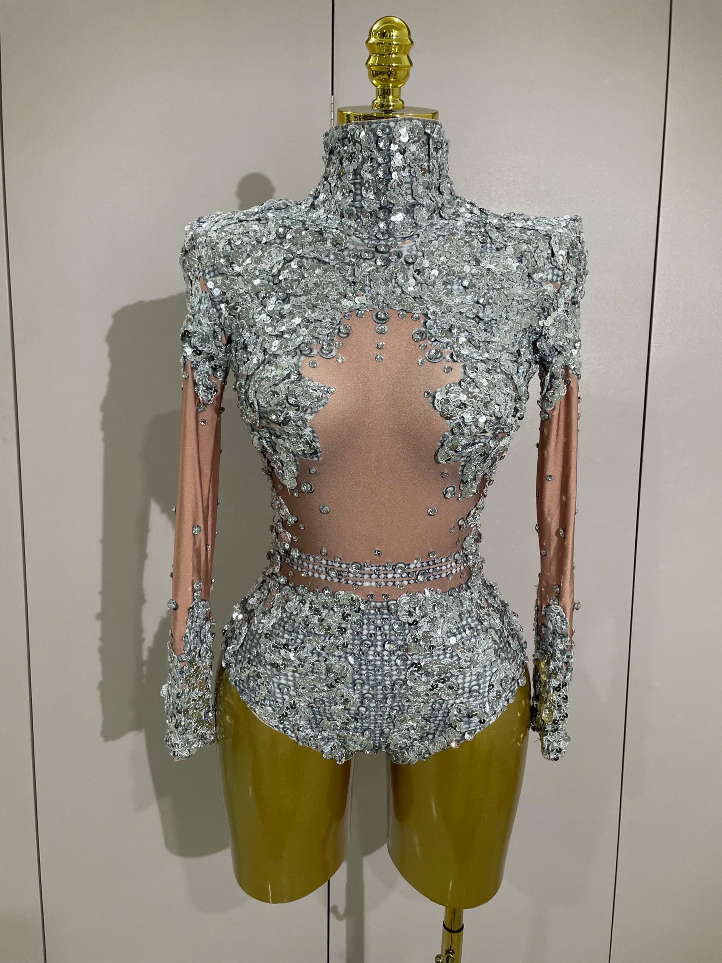 STOCK Sparkly Gold Silver Rhinestone Sequin Stretch Bodysuits Women Birthday Party Nightclub Dancer Stage Performance Costume