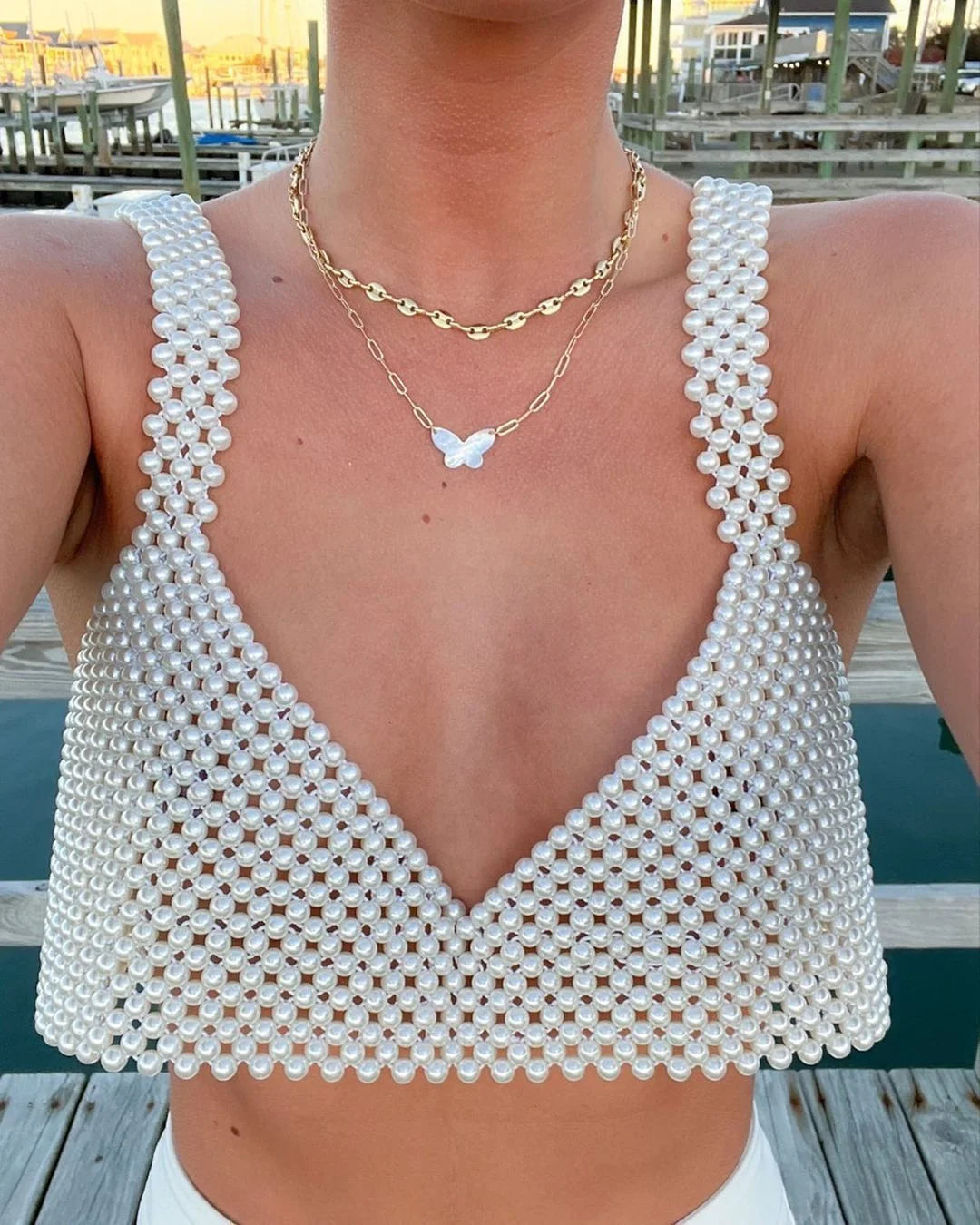 Sexy Women Pearl Crop Top Fishnet Hollow Out Camisole Beach Holiday Cover-ups Chic Women Sleeveless Summer Matching Vest Korean