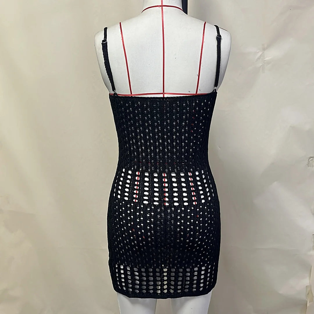 Beach Wear Beachwear Female Women Lace Up Hollow Out Backless Crochet Knitted Tunic Beach Cover Up Cover-ups Beach Dress V5655