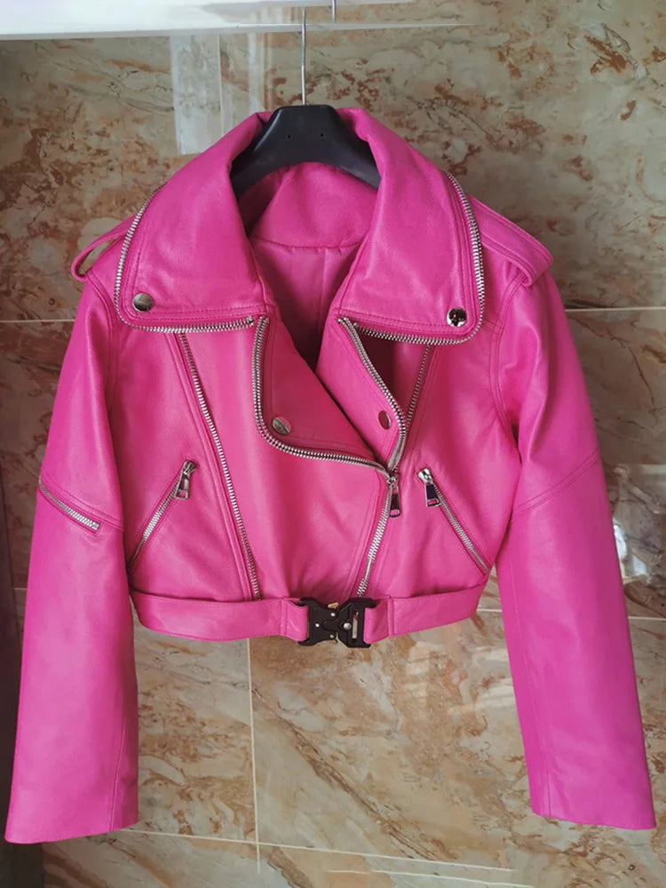 Lautaro Autumn Short Green Soft Faux Leather Biker Jacket Women Long Sleeve Zipper Belt Designer European and American Fashion