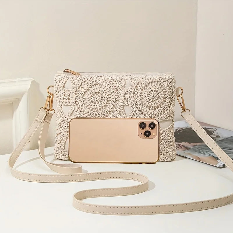 Korean Versatile Crossbody Crochet Bag, New Straw Woven Bag, Zipper Closure, Retro Casual Beach Flower Women's Bags