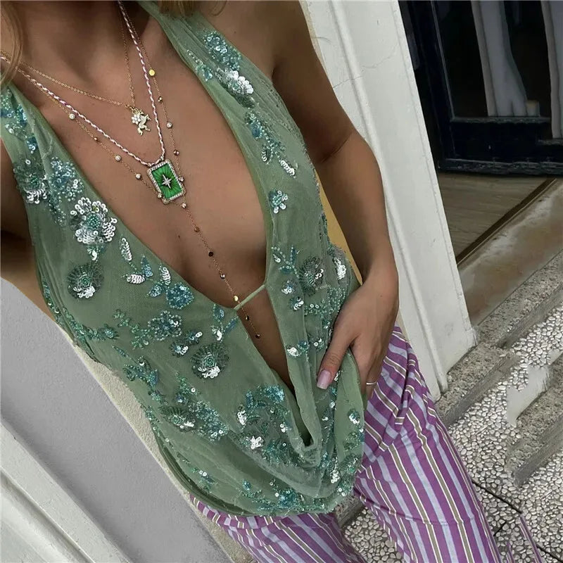 Sexy Sequined Beaded Lace Up Women's Top Halter V-neck Sleeveless Backless Slim All-match Tank 2025 Summer Lady Y2K Streetwears