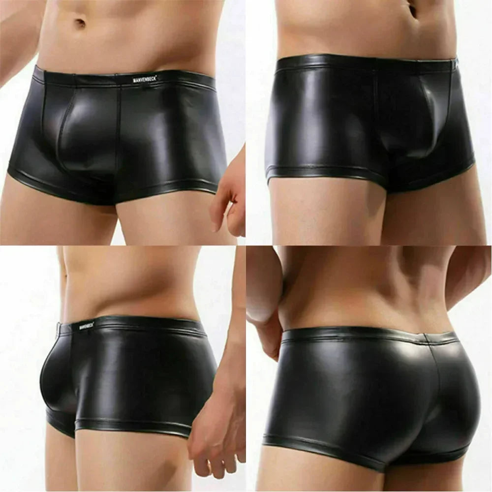 1pc Fashion Men's Faux Leather Underwear Boxers Shorts Solid Color Sexy Bulge Pouch Briefs Trunks Man Panties
