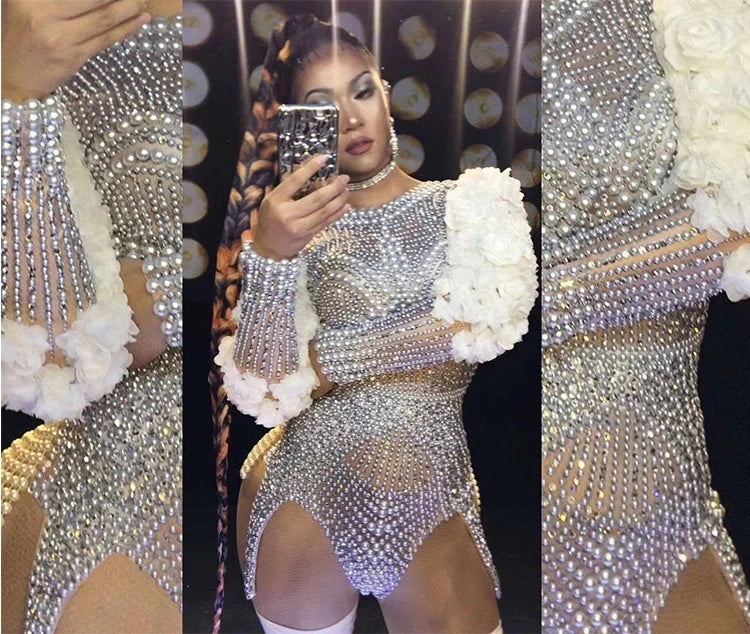 Sexy Luxury Sparkle Diamond Pearls Flower Bodysuits 2025 Women Birthday Party Leotard Dancer Nightclub Performance Stage Outfit
