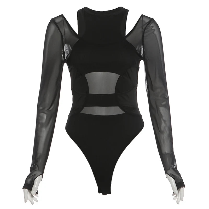 Kliou Mesh Patchwork Bodysuits Woman Irregular Hollow Design o-Neck Full Sleeve Skinny Stretch Hot Girls Sexy Fashion Bodycon