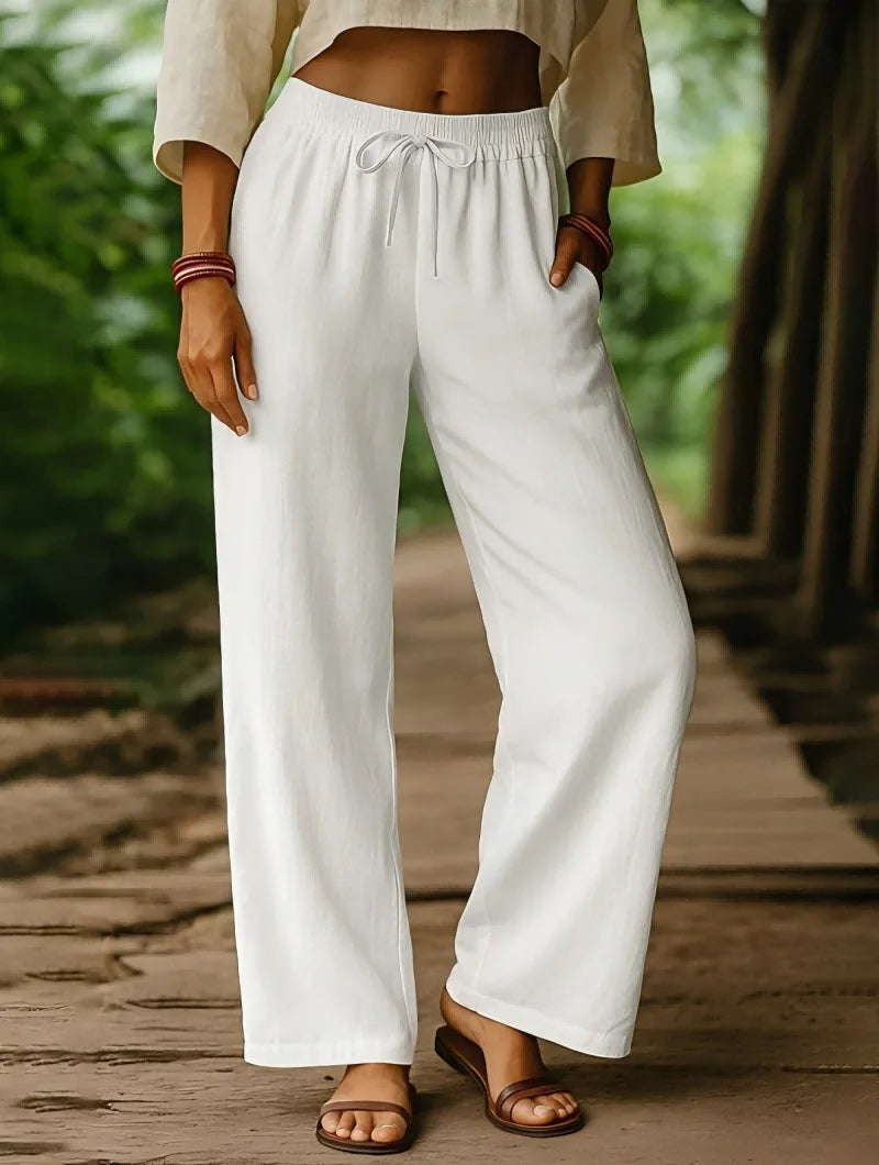 Women's Elastic Waist Linen Pants - Solid Color Wide Leg Trousers, Breathable Loose Fit Palazzo Pants