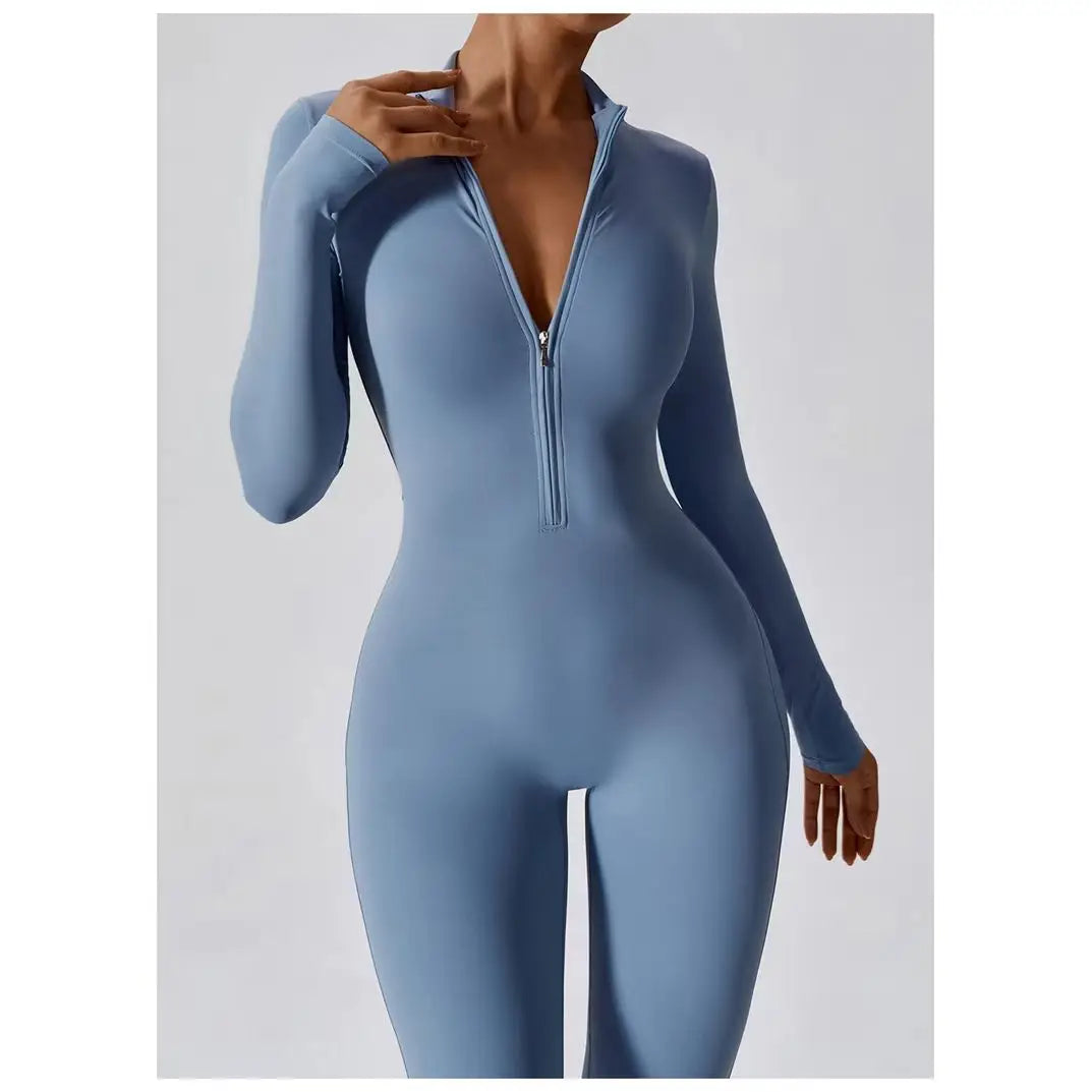 Spring Women's One-piece Yoga Jumpsuit Sporty Long-sleeved Thin Ski Overalls Outerwear Cycling Bodysuit Zipper Ladies