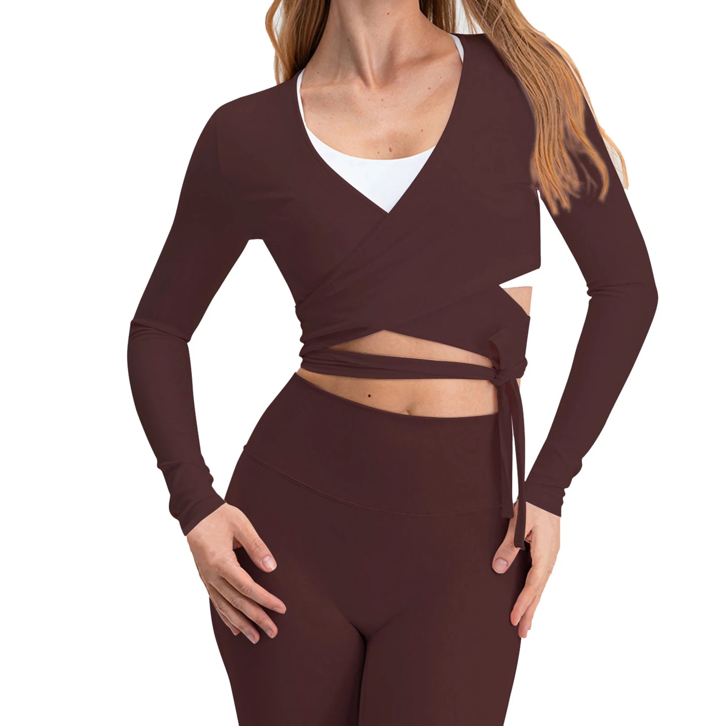 Women Fitness Yoga T-Shirts Solid Color Tie-Up Front V-Neck Long Sleeve Bottoming Shirt Seamless Workout Tops