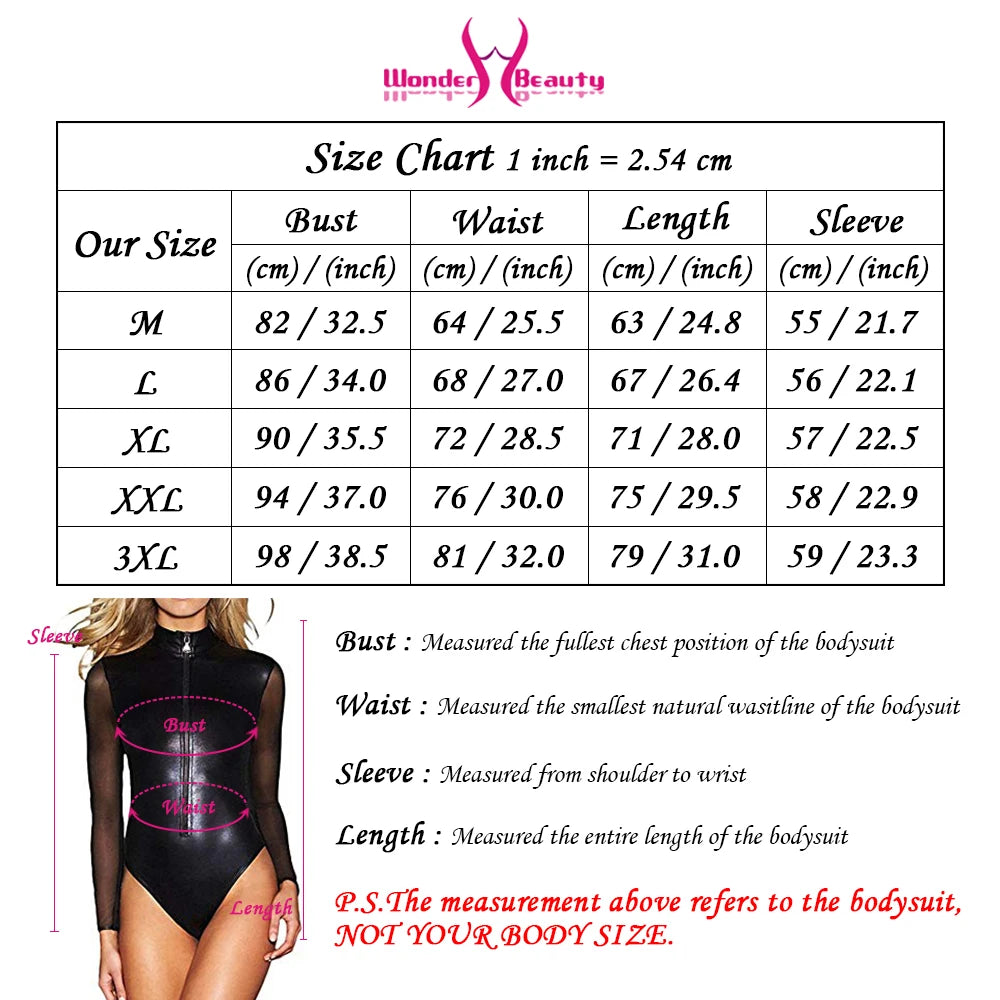Women Sheer Faux-Leather Bodysuit Long Sleeve Zip Front Wetlook Leotard Sexy One Piece Metallic Lingerie Teddy Jumpsuit