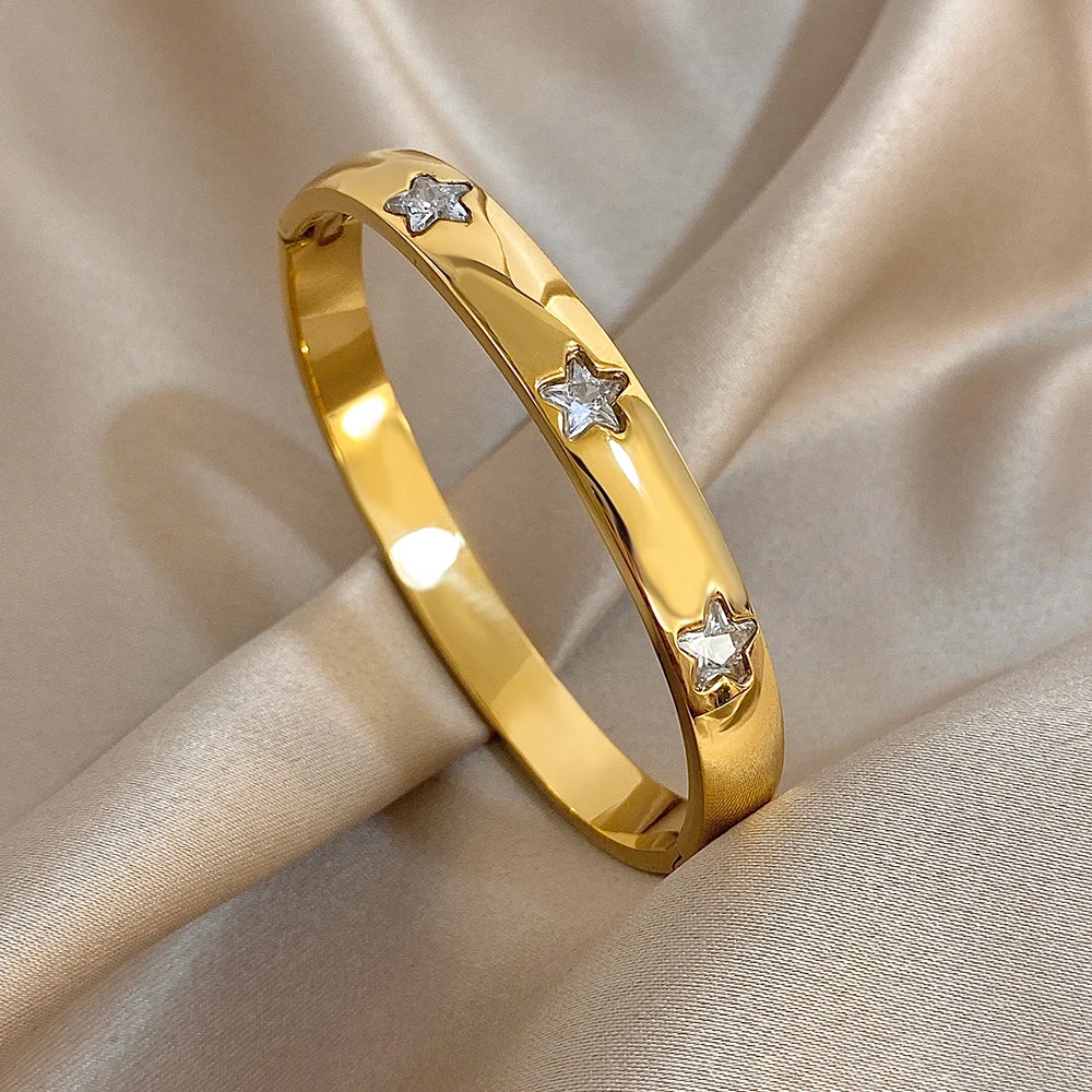 Shiny Star Colorful Zircon Smooth Cuff Bangle Bracelet for Women Trendy Gold Plated Stainless Steel Wide Bracelets Jewelry Gifts