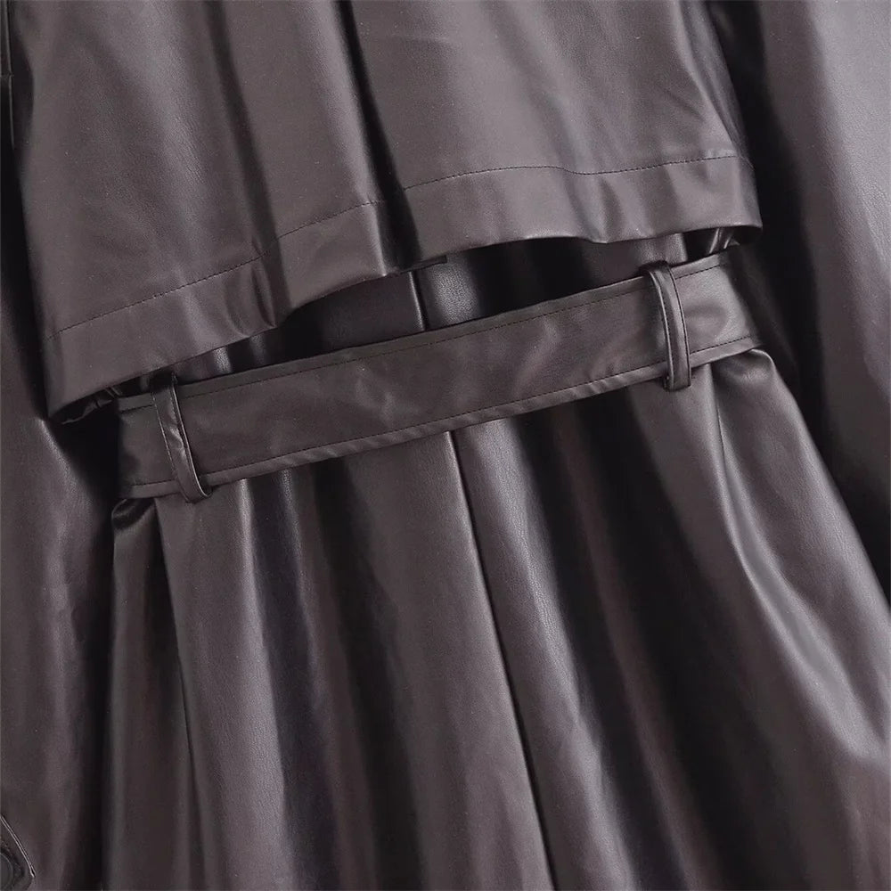 autumn new European and American style commuting lapel with belt faux leather loose long windbreaker jacket