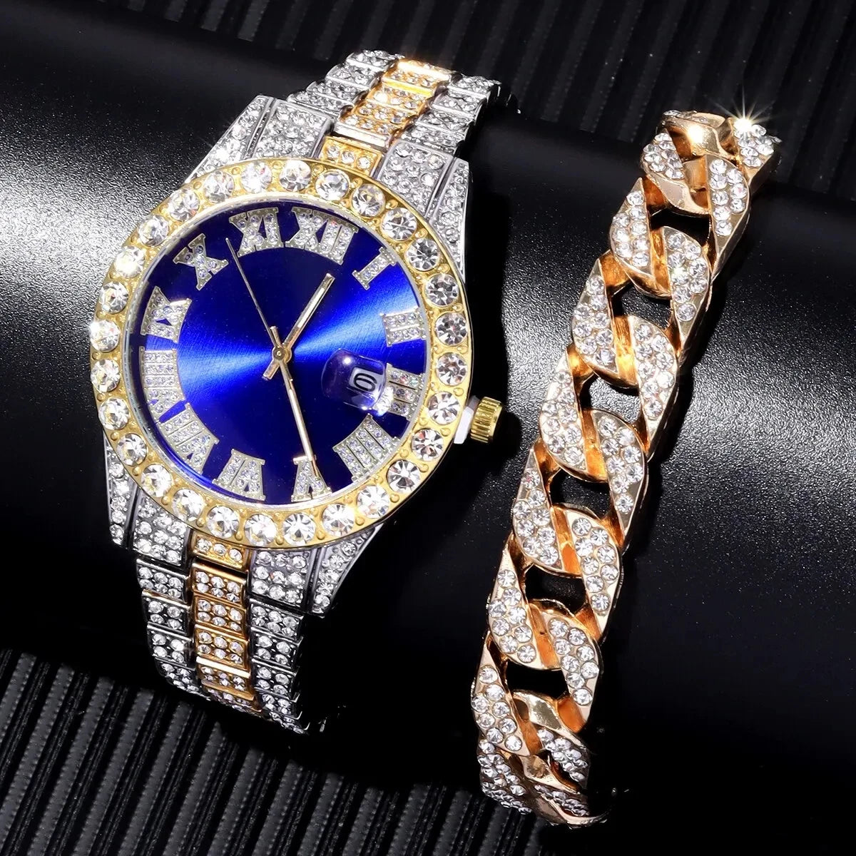 2pcs Fashion Diamond Men Women Watches Gold Watch Ladies Wrist Watch Luxury Rhinestone Unisex Bracelet Watches Female Clock