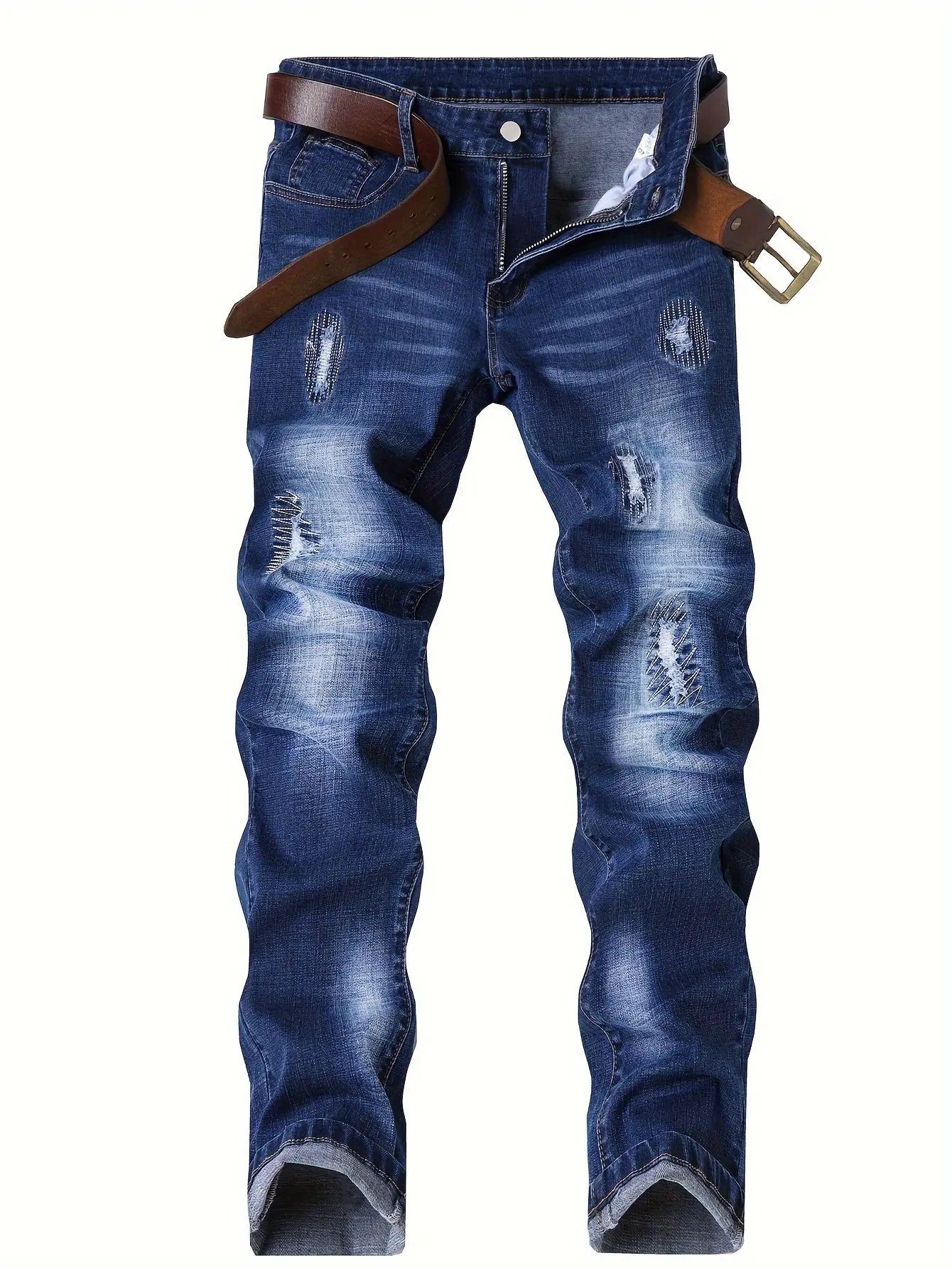 Motorcycle Trendy Straight Men's Jeans Elastic Washed Fashion Streetwear Denim Pants Embroidery Hip-Hop Trousers (Without Belt)