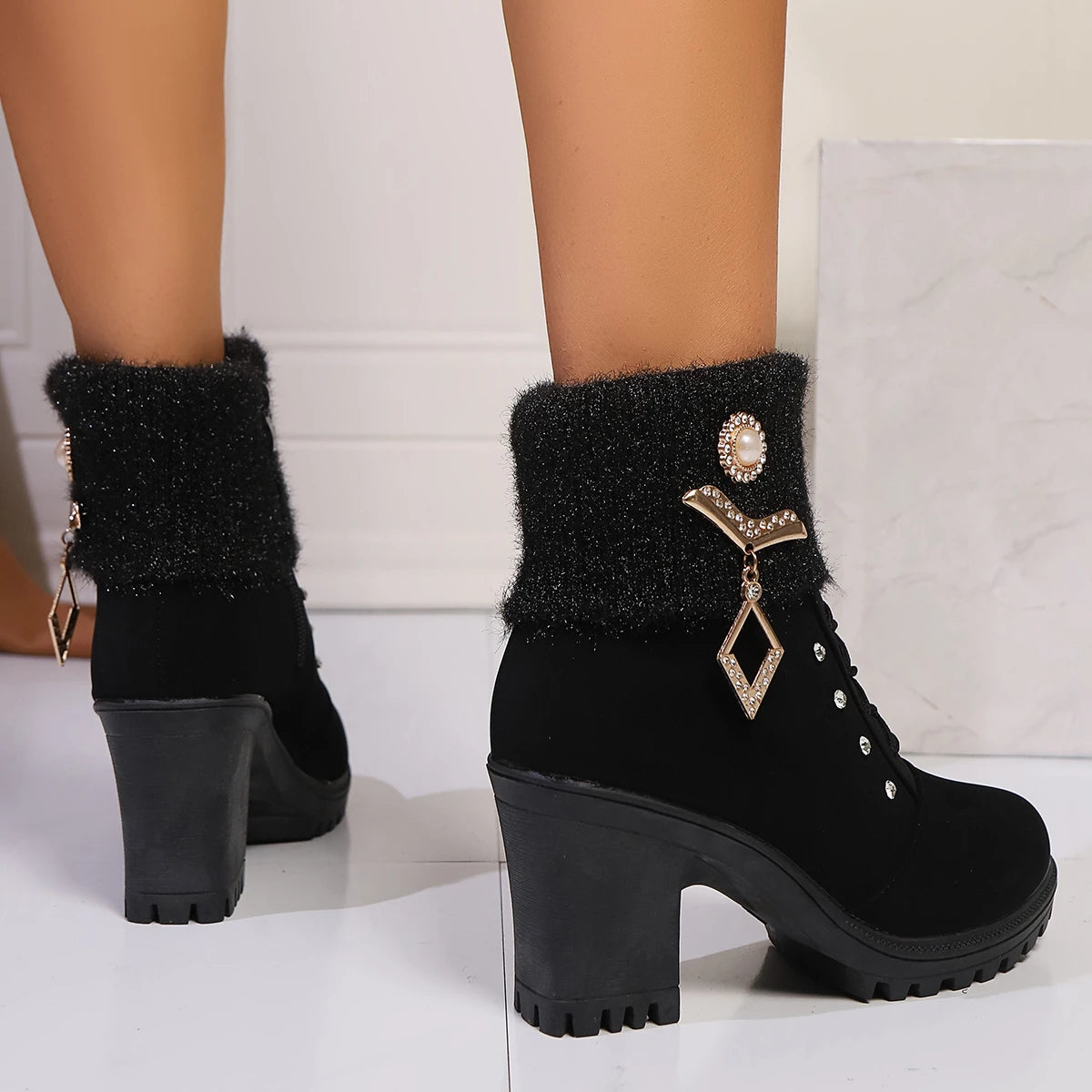 Thick Heel Large Size Fashion Boots Zipper Rhinestone Wool Top Plus Velvet Women's Boots New Autumn/winter High Heel Snow Boots