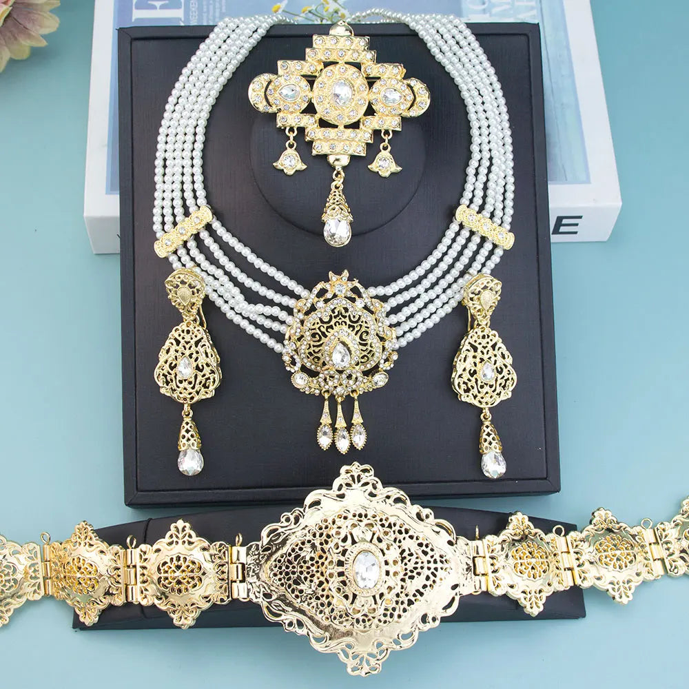 Sunspicems Gold Color Morocco Caftan Belt Waist Chain Women Beads Chain Choker Necklace Long Earring Arab Bridal Wedding Jewelry