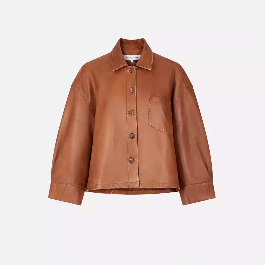 Eleganter brauner Profil-PU-Ledermantel für Damen
