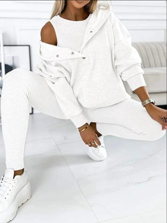 Athleisure-Kapuzenpullover mit eng anliegender Weste und Hose aus dickem Faden, dreiteiliges Set
