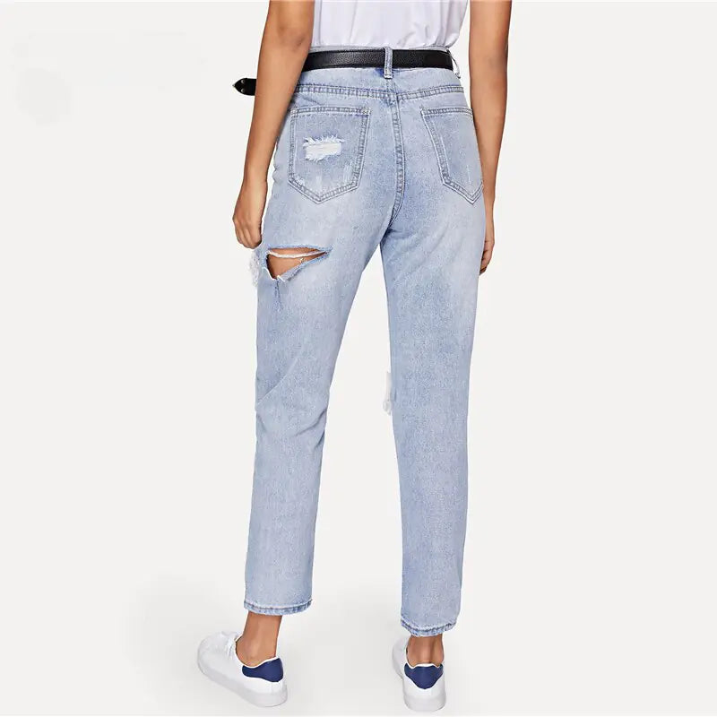 Zerrissene Jeans mit Cut-Outs für Damen, blaue Jeanshose