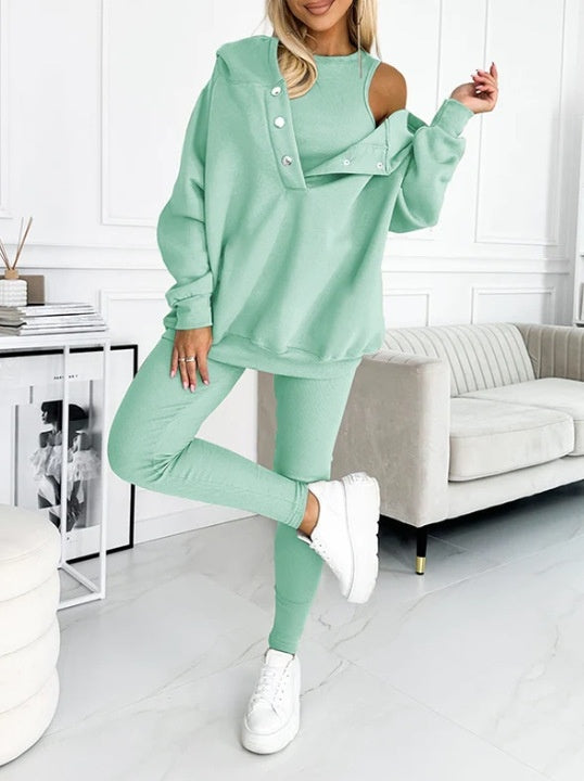 Athleisure-Kapuzenpullover mit eng anliegender Weste und Hose aus dickem Faden, dreiteiliges Set