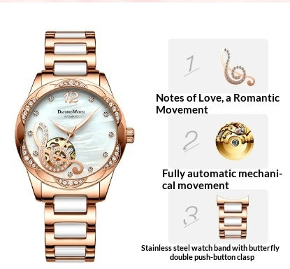 Deyi Bird Wine-Red Note Hollowed-Out Fully Automatic Mechanical Women's Watch