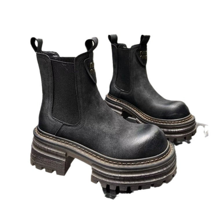 Britischer Stil Retro Chunky Heel Smoke Pipe Stiefel Damen