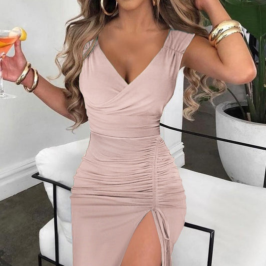 Partykleid mit V-Ausschnitt, Falten und Kordelzug an den Schultern