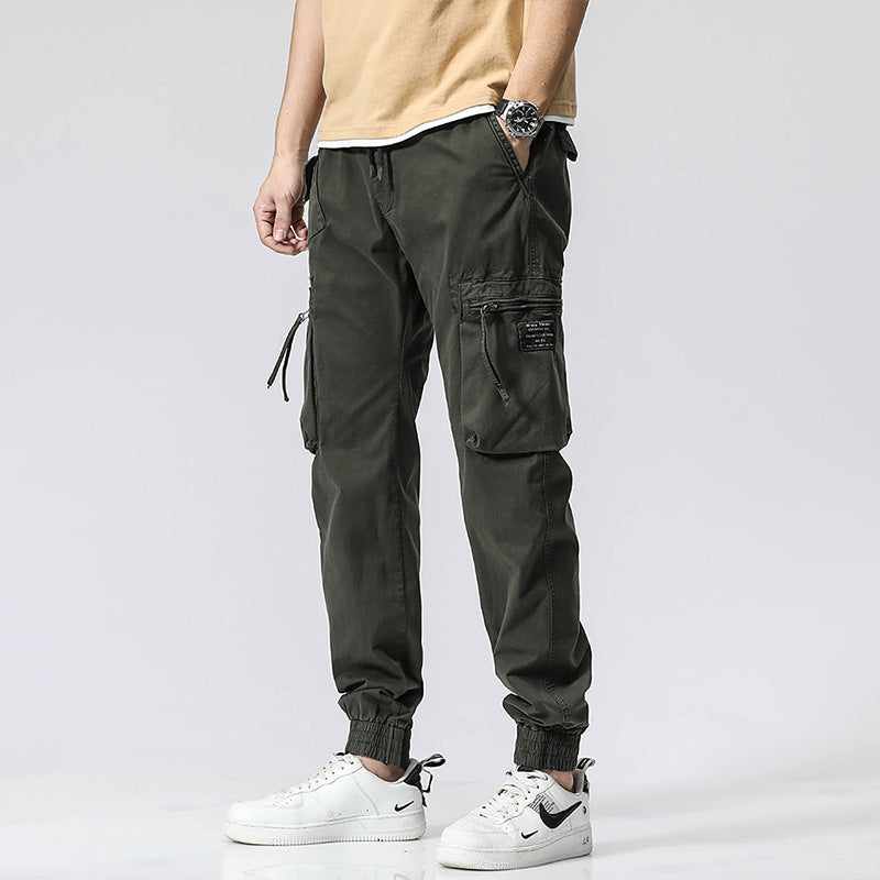 Freizeithose Trendy Brand Elastische Taille Herren Jugend Einfache Reine Baumwolle Multi-Pocket Arbeitshose Hose Knöchelgebunden