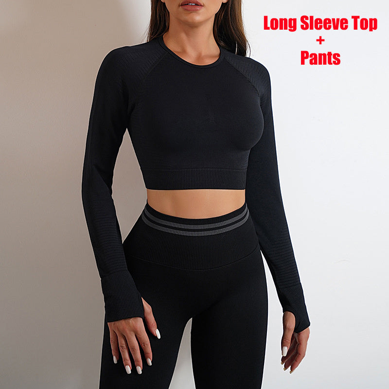 Nahtlose Yogahosen, Sport-Fitnessstudio-Leggings oder Langarmshirts, Outfits, Po-Lifting, schlanke Workout-Sportbekleidung