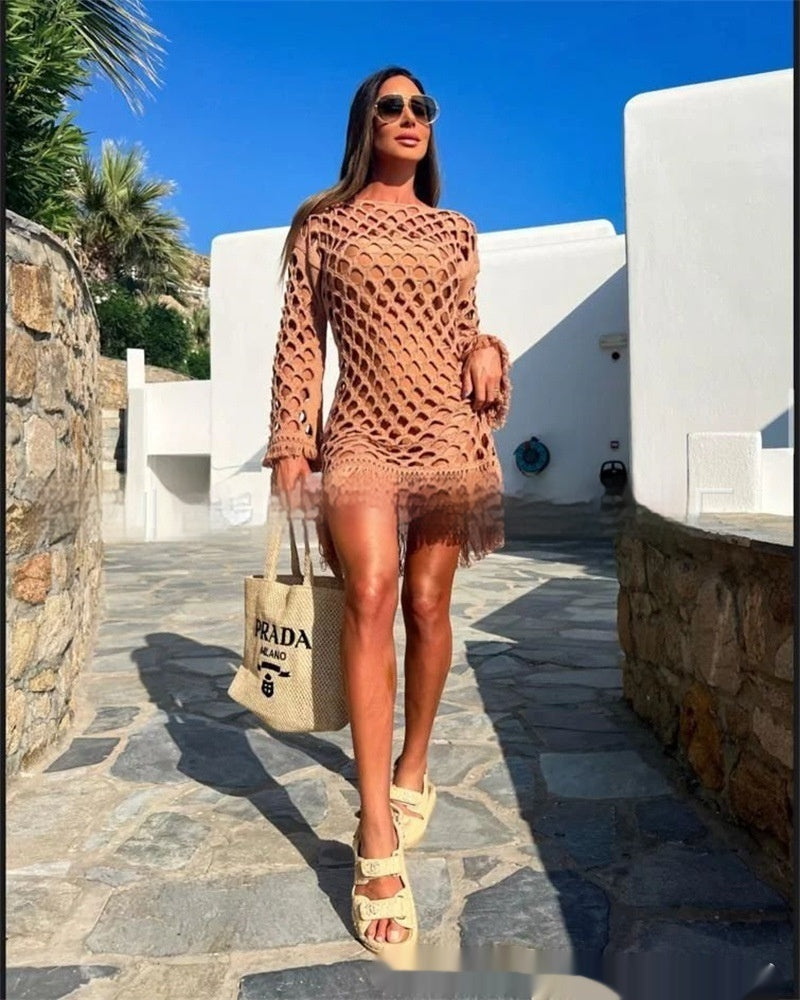 Strand Langarm Pullover Quaste Mesh Bluse