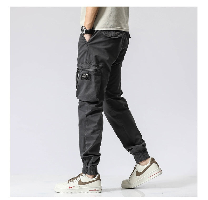Freizeithose Trendy Brand Elastische Taille Herren Jugend Einfache Reine Baumwolle Multi-Pocket Arbeitshose Hose Knöchelgebunden