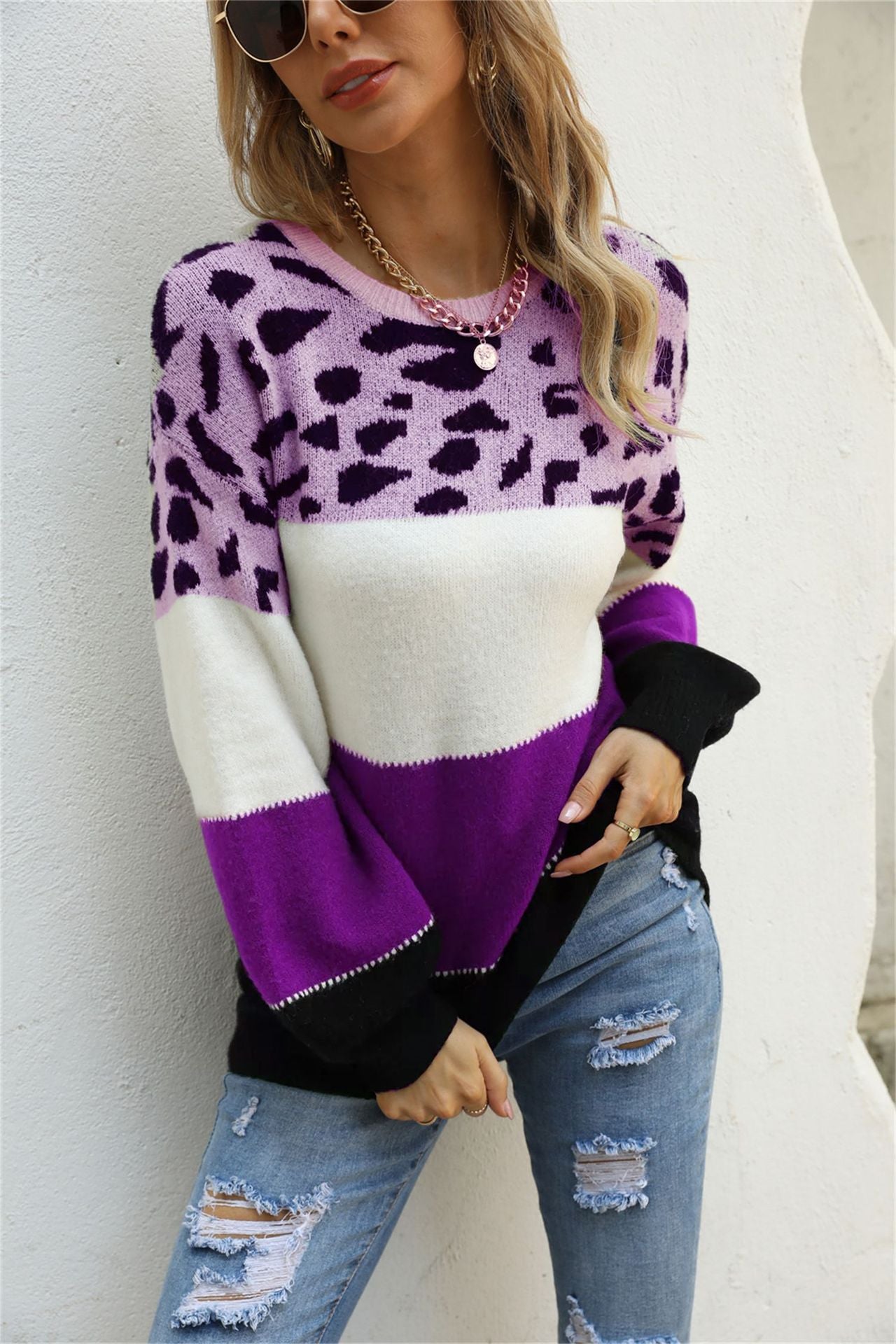 Pullover mit Rundhalsausschnitt und Leopardenmuster in Übergröße mit europäischen und amerikanischen Nähten