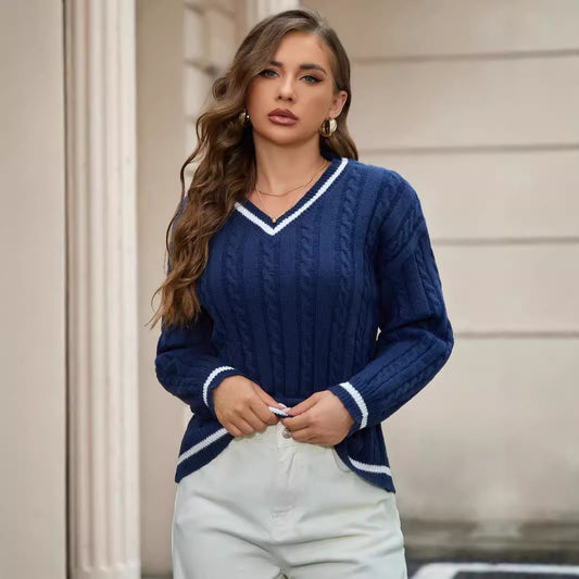 Eleganter Pullover mit V-Ausschnitt, modisches, lockeres Twist-All-Match-Oberteil für Damen