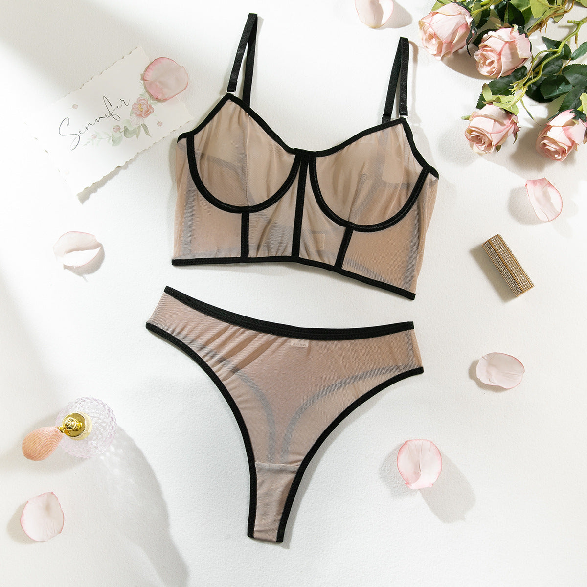 Women's Underwear Fishbone Contrast Color Mesh Push-up Suit