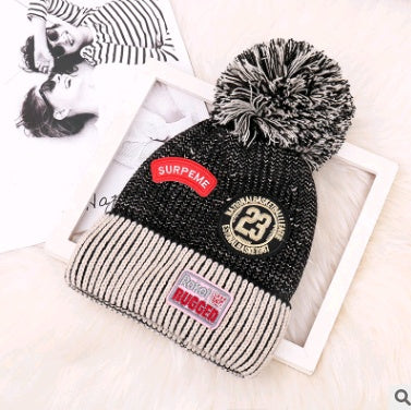 Winter New Ladies Plus Velvet Letter Labeling Wool Color Hair Ball Earmuffs Curling Knit