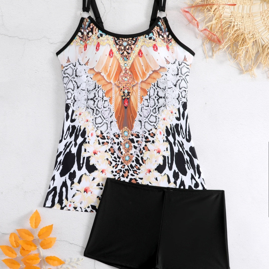 Bedruckter Split-Bikini mit Boxershorts für Damen