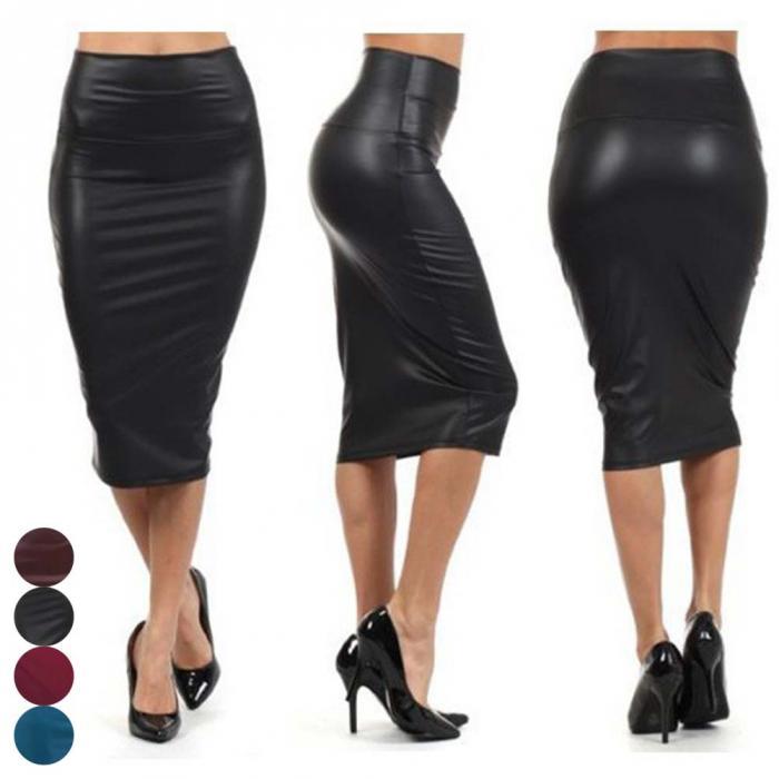 Newly Women High Waist Faux Leather Pencil Skirt Bodycon Skirt Solid  OL Office Skirts