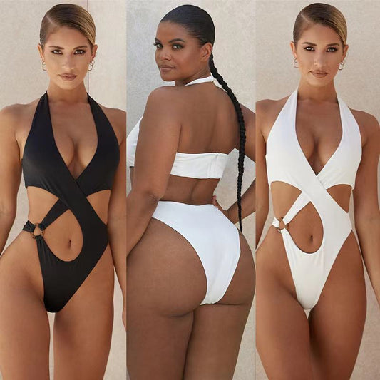 Sexy Einteiliger Badeanzug Damen Einfarbig Kreuz Hohl Große Größe Bikini Bikini Bademode