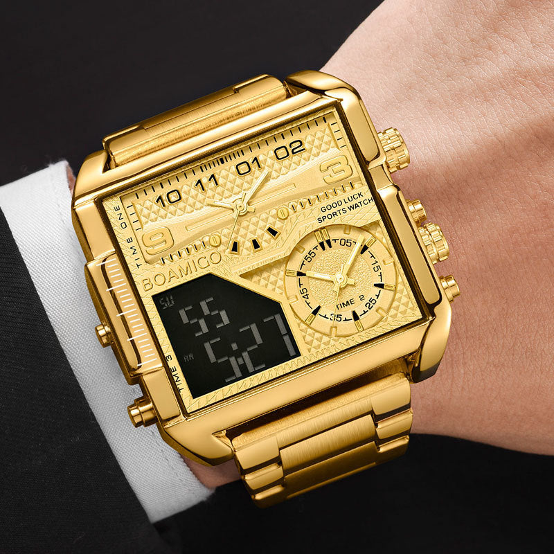 BOAMIGO Neue Top-Marke Luxus Mode Herren Uhren Gold Edelstahl Sport Quadrat Digital Analog Große Quarzuhr für Männer
