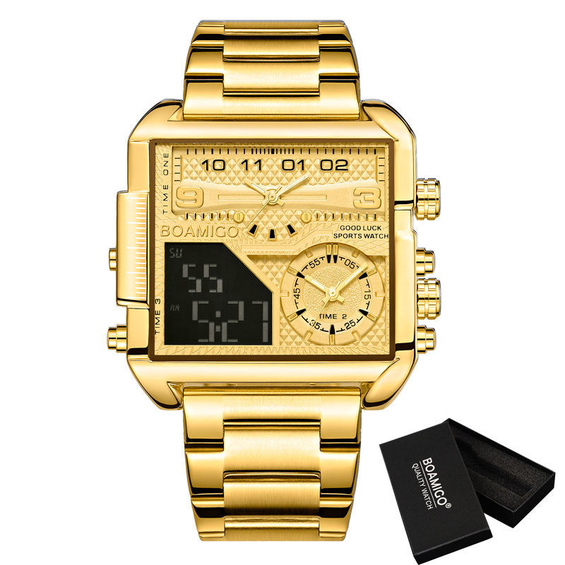 BOAMIGO Neue Top-Marke Luxus Mode Herren Uhren Gold Edelstahl Sport Quadrat Digital Analog Große Quarzuhr für Männer