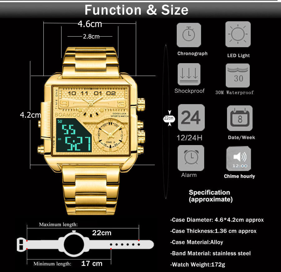 BOAMIGO Neue Top-Marke Luxus Mode Herren Uhren Gold Edelstahl Sport Quadrat Digital Analog Große Quarzuhr für Männer